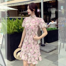 Party Dresses 2024 Summer Flower Print Vintage Cheongsam Dress Bodycon Women Short Sleeve Mandarin Collar Slim Elegant