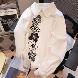 Women's Blouses 2024 Spring Summer Vintage Blusas Turn Down Collar Floral Embroidery Puff Sleeve Single-breasted Loose Fit Solid Shirts