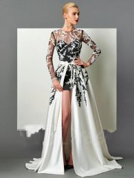 Dresses Elegant Black White Mermaid Prom Dresses Jewel Neck Lace Applique High Side Split Evening Gowns Sweep Train Formal Dress vestidos