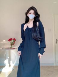 Casual Dresses 2024 Women Long Sleeved Shawl Hanging Neck Knitted Suspended Skirt Suits Autumn Winter Korean Loose Gentle Two Pieces Dress