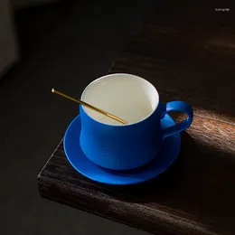 Cups Saucers Handmade Ceramic Cup Saucer Dish Set Coffee Tea Drinkware Simple Style Mugs With Handgrip Blue 220ML