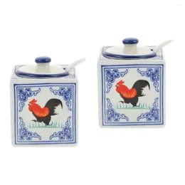 Dinnerware Sets 2pcs Kitchen Rooster Pattern Seasoning Jar Salt Sugar Pot Ceramic Pepper Holder