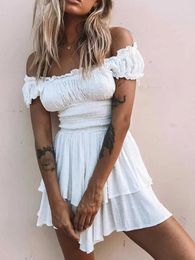 Party Dresses Boho Inspired Shirred Ruffled Neckline Tiered Mini Summer Dress Cotton White Sexy Women Cute Short Sleeve