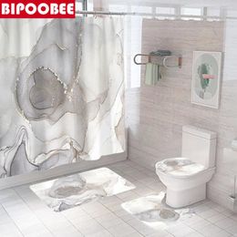 Shower Curtains White Luxury Crack Marble Bathroom Curtain Fabric With Hooks Pedestal Rug Anti-skid Carpet Bath Mat Toilet Cover