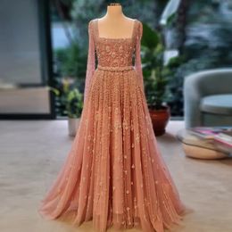 Sharon Said Luxury Pink Dubai Evening Dresses for Women Wedding Square Neck Cap Sleeves Arabic Muslim Formal Party Gowns SS494 240328
