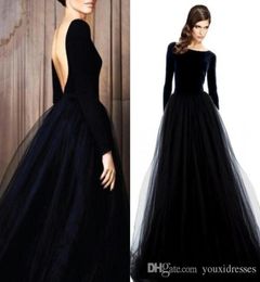 Stunning Backless Long Sleeve Prom Dresses 2018 Velvet Black Bateau Neck Open Back Tulle Skirt Floor Length Formal Evening Wear5832115