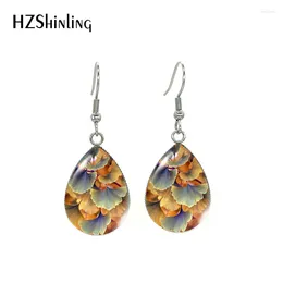 Dangle Earrings 2024 Teardrop Hoop Ginkgo Leaves Art Painting Hook Glass Cabochon Stainless Steel Jewellery