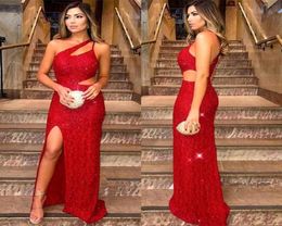 2019 Red One Shoulder Sequins Mermaid Long Evening Dresses Split Cut Away Sweep Train Formal Party Evening Gowns BC16636064109