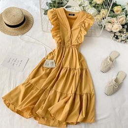 MEXZT Elegant Midi Dress Women Ruffles V Neck Sleeveless A Line Dresses Summer Korean Fashion Vacation Beach Slim Vestidos 240408