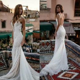 2024 Bohemia Wedding Dresses Deep V Neck Beads Appliques Lace Mermaid Bridal Gowns Custom Made Open Back Sweep Train Wedding Dress