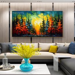 Forest Landscape Oil Painting Abstract Colorful Tree Canvas Wall Art Handmade Sunset Behind Tree Living Room Decor