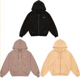 2024 Spring Cross Flower Classic Zipper Hoodie with Metal Rivet Loose Hoodie Coat with Cardigan Coat