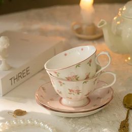 Coffee Cup and Saucer Set French Vintage Ceramic Cups Saucers Pink Cute Afternoon Tea Snack Plate 240420