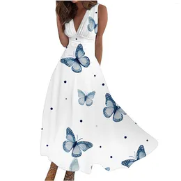 Casual Dresses Ladies V Neck Waist Fruit Butterfly Print Sleeveless A Line Loose Holiday Style Beach Dress Womens Large Hemline