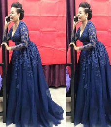 Navy Blue Tulle Mother Of The Bride Dresses Deep V Neck Lace Appliques Floor Length Plus Size Wedding Guest Gowns Evening Dress9373875