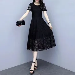 Casual Dresses Summer Elegant Fashion Black Lace Dress Women Oversized Short Sleeve Slim High Waist Temperament Robe Vestido Female Clothes