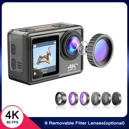 Cameras 2022 Newest Action Camera with Filter Lens 4K 60FPS 24MP WiFi 1080P 2.0 LCD EIS Remote Control 4X Zoom Record Waterproof Sports