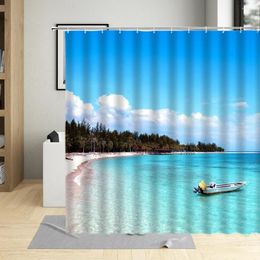 Shower Curtains Blue Sky Seaside Sandy Beach The Sea Coconut Tree Flamingo Summer Day Scenery Pattern Waterproof Home Curtain Polyester