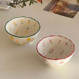 Bowls Small Fresh Tulip Ceramic Bowl Ins High Beauty Fragmented Flower Breakfast Student Dormitory Instant Noodle Salad