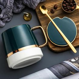 Mugs HF Nordic Luxury Ceramic Coffee Cup With Spoon Solid Green Minimalist Afternoon Tea Cups High Quality And Saucer Set