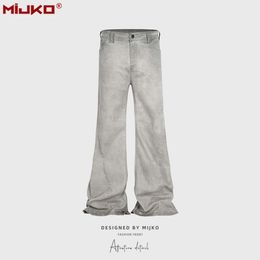 MIJKO Men's and Women's Water Washed Grey Micro La Long Pants, Unisex Wide Feet Worn Out Dirty Jeans, Multiple Sizes