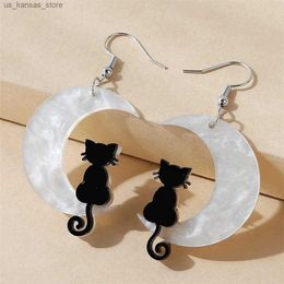 Charm Halloween Black Cat Acrylic Moon Cat Pendant Earrings Jewelry240408