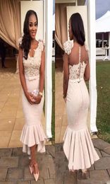 Sexy Mermaid High Low Prom Dresses 2019 Capped Sleeves Lace Applique Buttons Back Maid of Honour Party Gowns7722319