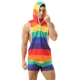 Rainbow Hooded Mens Tank Tops Mesh Breathable Sexy V-neck Vests Men Shorts Streetwear Tops Tee Sports Fitness Singlets 240329