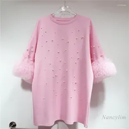 Women's T Shirts 2024 Summer Cuff Stitching Puff Mesh Design Temperament Crew Neck Beaded Solid Color T-shirt For Women Loose Long Pink Tee