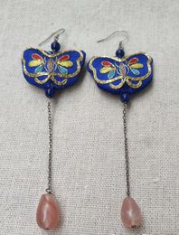 Dangle Earrings 1pcs/lot Embroidered Gold Thread Colour Long Embellished Butterfly Pattern Blue Red Agate Lapis Lazuli Vintage