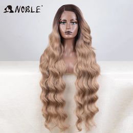 Synthetic Lace Front Long Wavy 36 Body Side Part For Women Ombre Blonde Cosplay 240327