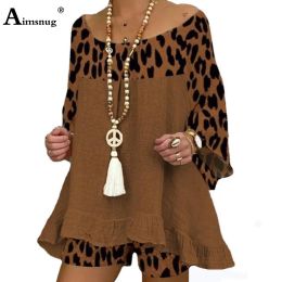 Dresses European Style 2021 Patchwork Tracksuit Set Women Autumn Leopard Print Two Piece Sets Long Sleeve Cotton Linen 2pcs Outfits