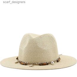 Wide Brim Hats Bucket Hats Summer Parent-child Beach Hat Female Casual Panama Jazz Hat Men Brand gentleman 5.5cm brim Feather band Straw cap boys Sun Hat Y240409QFND