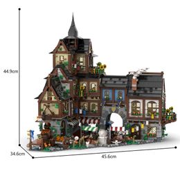 MOC Medieval Town Centres Building Blocks Set Retro Street View Scene Decorative Assembly Brick Toy for Birthday Christmas Gift