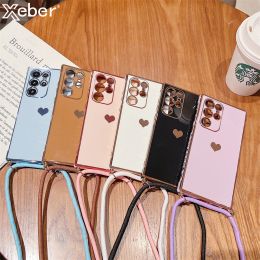 Neck Strap Lanyard Cord Love Heart Plating Soft Phone Case For Samsung S24 S23 S22 Ultra S21 Plus S20 FE A53 A52 A13 A12 Cover