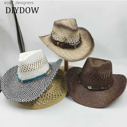 Wide Brim Hats Bucket Hats Hollow Out Straw Western Cowboy Hat for Men Women Summer Curling Brim Beach Sun Hats Panama Cowgirl Hats sombreros de vaquero Y240409