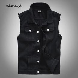 DIMUSI Vintage Design Mens Denim Vests Retor Sleeveless Jackets Men Ripped Hole Jean Waistcoats Clothing jaqueta masculina 240327
