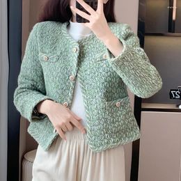 Women's Jackets Green Small Fragrant Tweed Coat Women Spring Simple Basic Round Neck Long Sleeve Casual Chic Fashion French Lady Short