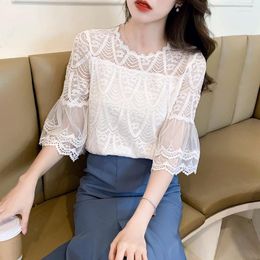 Women's Blouses Korean Fashion Sexy Sheer Mesh Hollow Lace Sweet Fairy 2024 Summer Elegant White Black O Neck Short Sleeve Tops