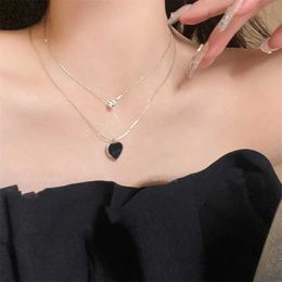 Pendant Necklaces New Fashion Trend Unique Design Exquisite Light Luxury Zircon Double Layer Black Love Heart Necklace Women Jewellery Party GiftQ