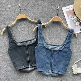 Women's Tanks Camis Korean fashion denim zipper patchwork vest womens versatile casual sleeveless square neckline womens tight fitting corset crop vest top J240409