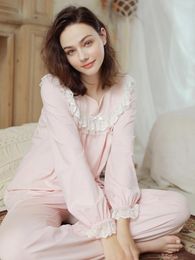 Home Clothing 2024 Fall Women's Long Pants Set Pyjamas Pink And Green Sleepwear Cotton Nightgown Sweet Lace Nightshirt