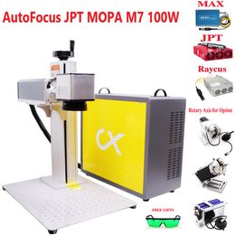Autofocus JPT MOPA M7 100W Fibre Laser Marking Machine with Rotary Laser Fibre Engraver Machine Steel Gold Silver Colour Print