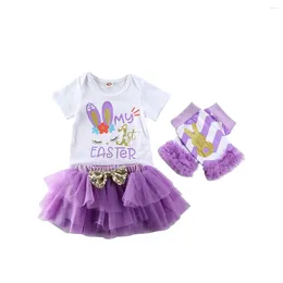 Clothing Sets CitgeeSummer Born Baby Girl My 1st Easter Outfits Clothes Romper Top Tutu Purple Skirts 4PCS Set