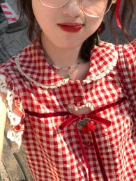 Red Plaid Lolita Kawaii Blouse Women Flying Sleeve Japanese Sweet Elegant Shirts Female Lace Korean Casual Clothes Summer 2023