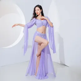 Stage Wear Oriental Dance Woman Bellydance Costume 2 Piece Dancer Performance Clothes Long Sleeve Top Gauze Skirt Sexy Side Slit 2024