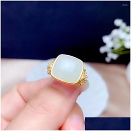 Klusterringar naturliga Hetian White Jade Ring for Women Sier Jewelry Soft Character Real 925 Gold Plated Special Craftmanship Frosted D DHMB6