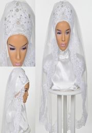 Bridal Veils Muslim Wedding For Brides 2021 Islamic Hijab Beading Crystals Lace Appliques Edge Elbow Length Head Covering8374148