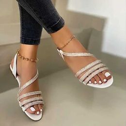 Sandals Summer Fashion Rhinestone Womens Shoes One Word Large Size Flat Beach Women Sandalias Mujer H240409 XA42