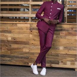 Men's Suits Burgundy Men African Single Breasted Stand Collar Long Blazer Pants Luxury Prom Party Wedding Groom Tailor Outfits 2 Piece